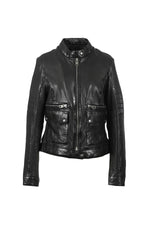 Slim lambskin biker jacket with Mao collar and metallic zip. - Image n°1