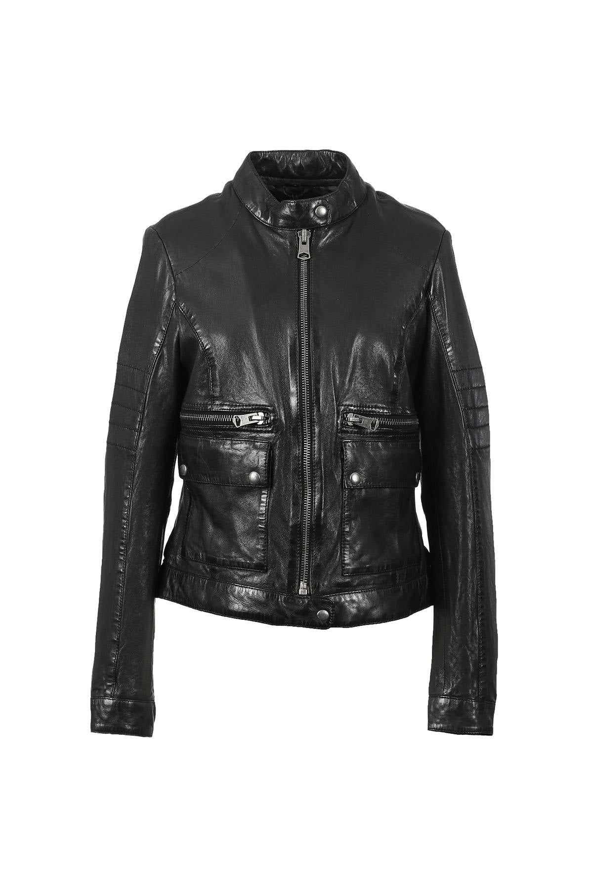 Slim lambskin biker jacket with Mao collar and metallic zip. - Image n°1