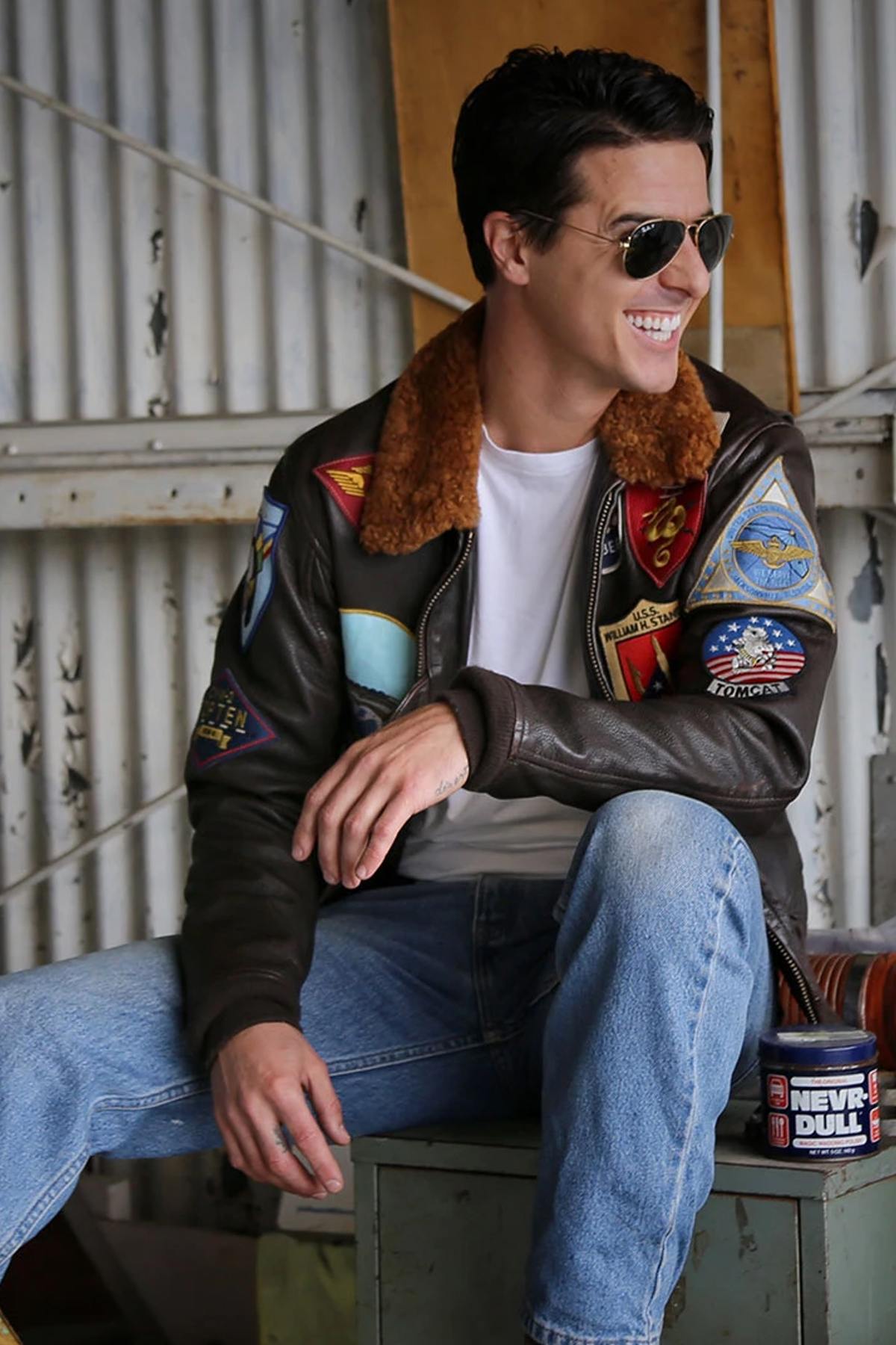 *Top Gun* G-1 jacket: goatskin leather, shearling collar, 17 patches. - Image n°1