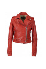 Washed red lambskin biker jacket with metallic zips and slim fit. - Image n°8