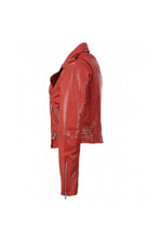 Washed red lambskin biker jacket with metallic zips and slim fit. - Image n°9