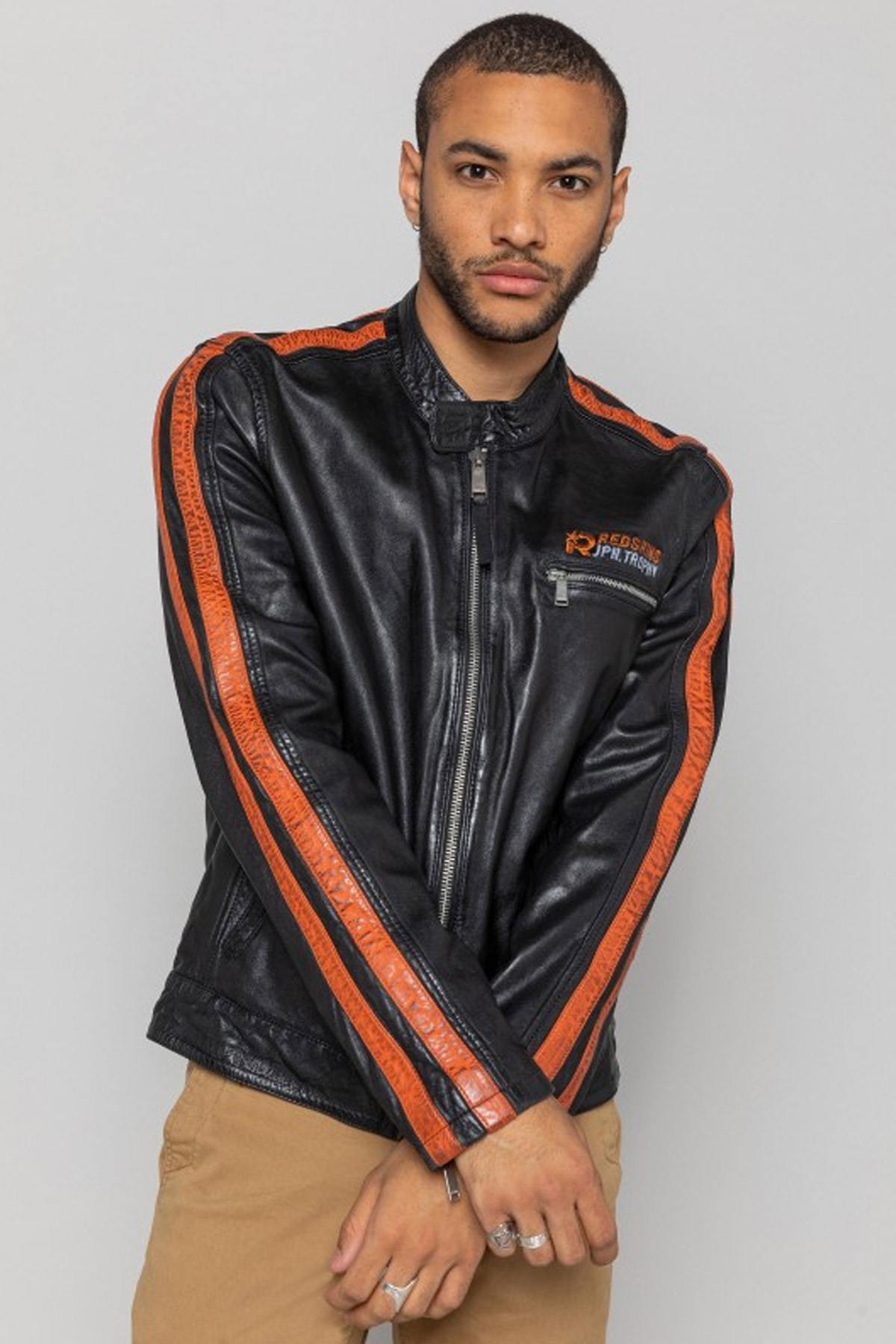 Black lambskin biker jacket with bold orange accents. Slim and sharp. - Image n°4