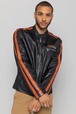 Black lambskin biker jacket with bold orange accents. Slim and sharp. - Image n°4