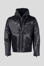 Slim black lambskin jacket with a zip-off wool hood for urban edge. - Image n°5