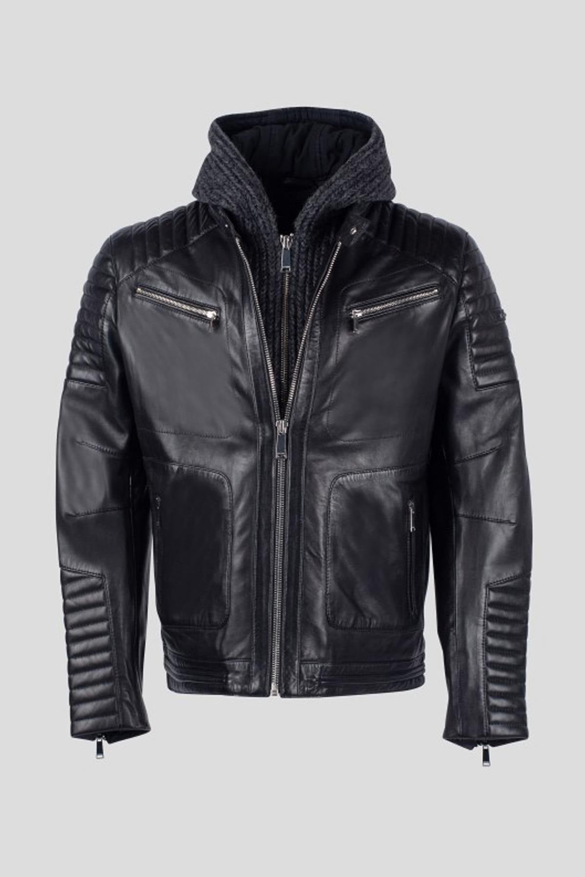 Slim black lambskin jacket with a zip-off wool hood for urban edge. - Image n°5