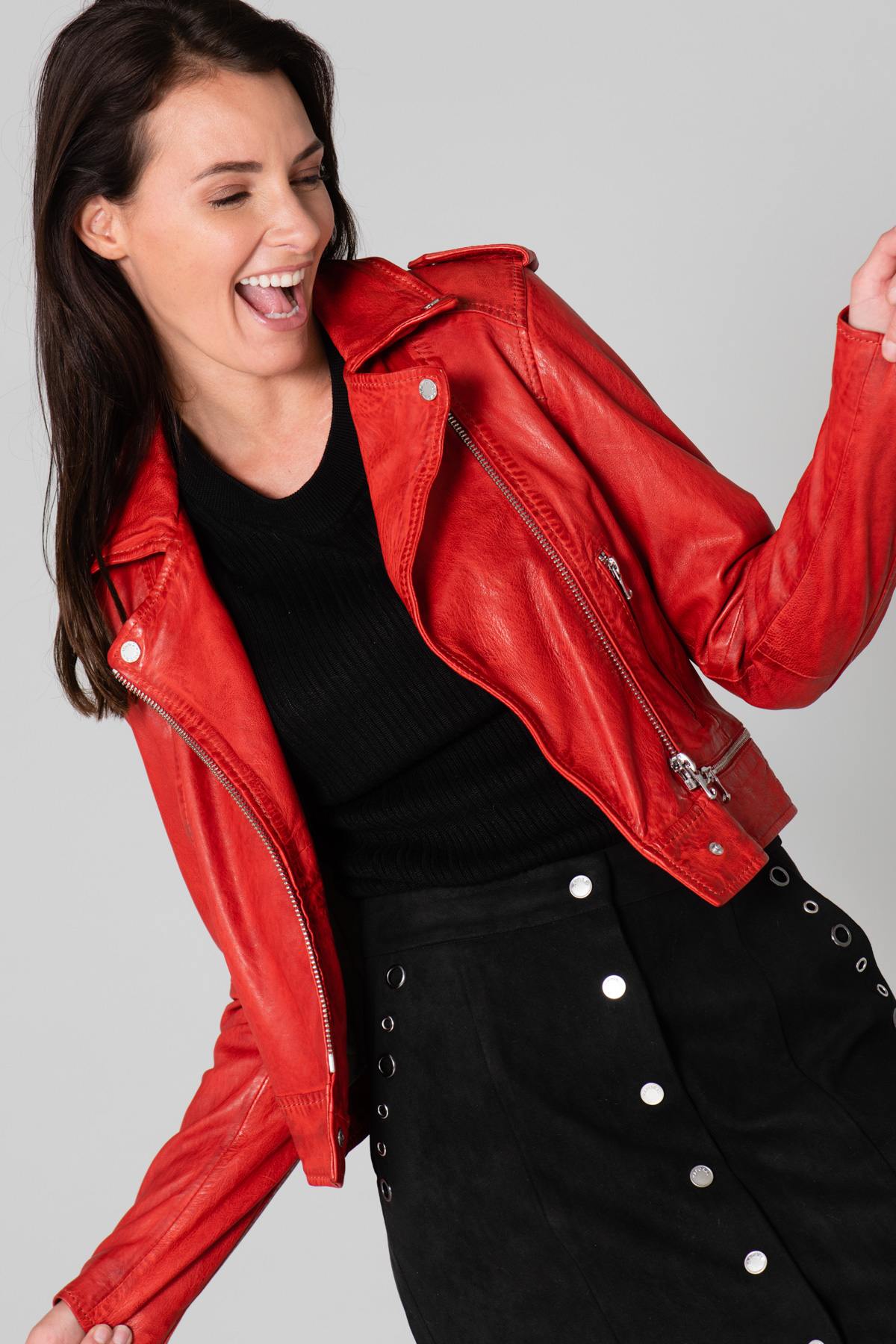 Washed red lambskin biker jacket with metallic zips and slim fit. - Image n°1