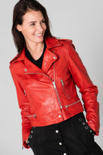 Washed red lambskin biker jacket with metallic zips and slim fit. - Image n°3