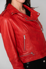 Washed red lambskin biker jacket with metallic zips and slim fit. - Image n°7