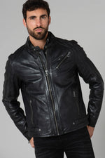 Daytona's glossy black sheep leather jacket with biker collar. - Image n°1