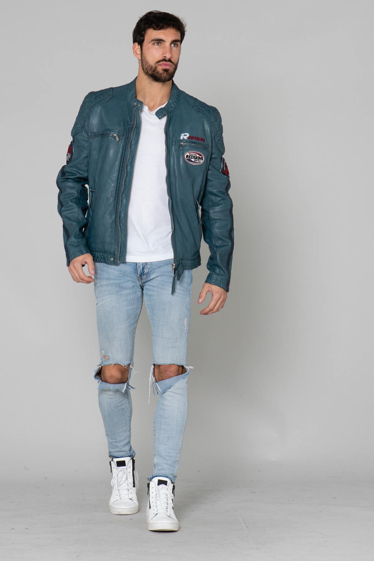 Turquoise blue Racing leather jacket - Image n°2