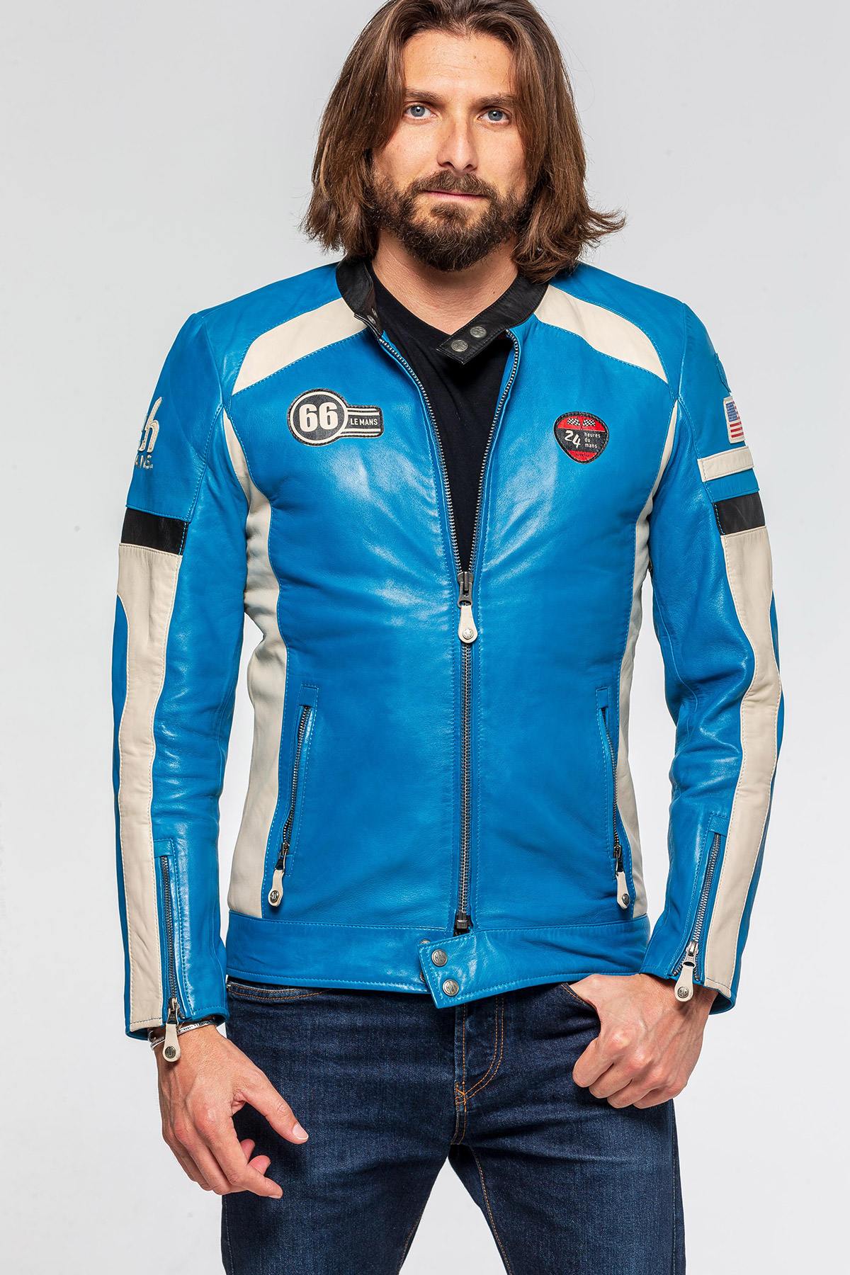 Sheep leather jacket inspired by 1966 Le Mans, Gitanes-blue accents. - Image n°5