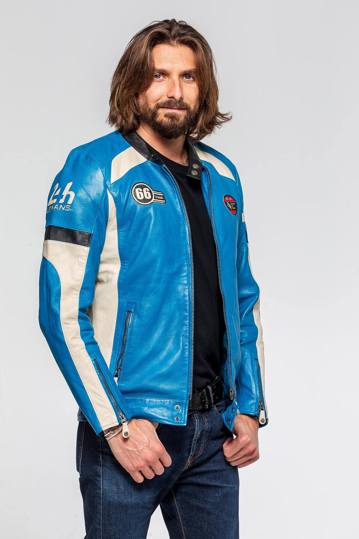 Sheep leather jacket inspired by 1966 Le Mans, Gitanes-blue accents. - Image n°3