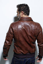 Petrol bison sheep leather A2 jacket with vintage aviation flags. - Image n°4