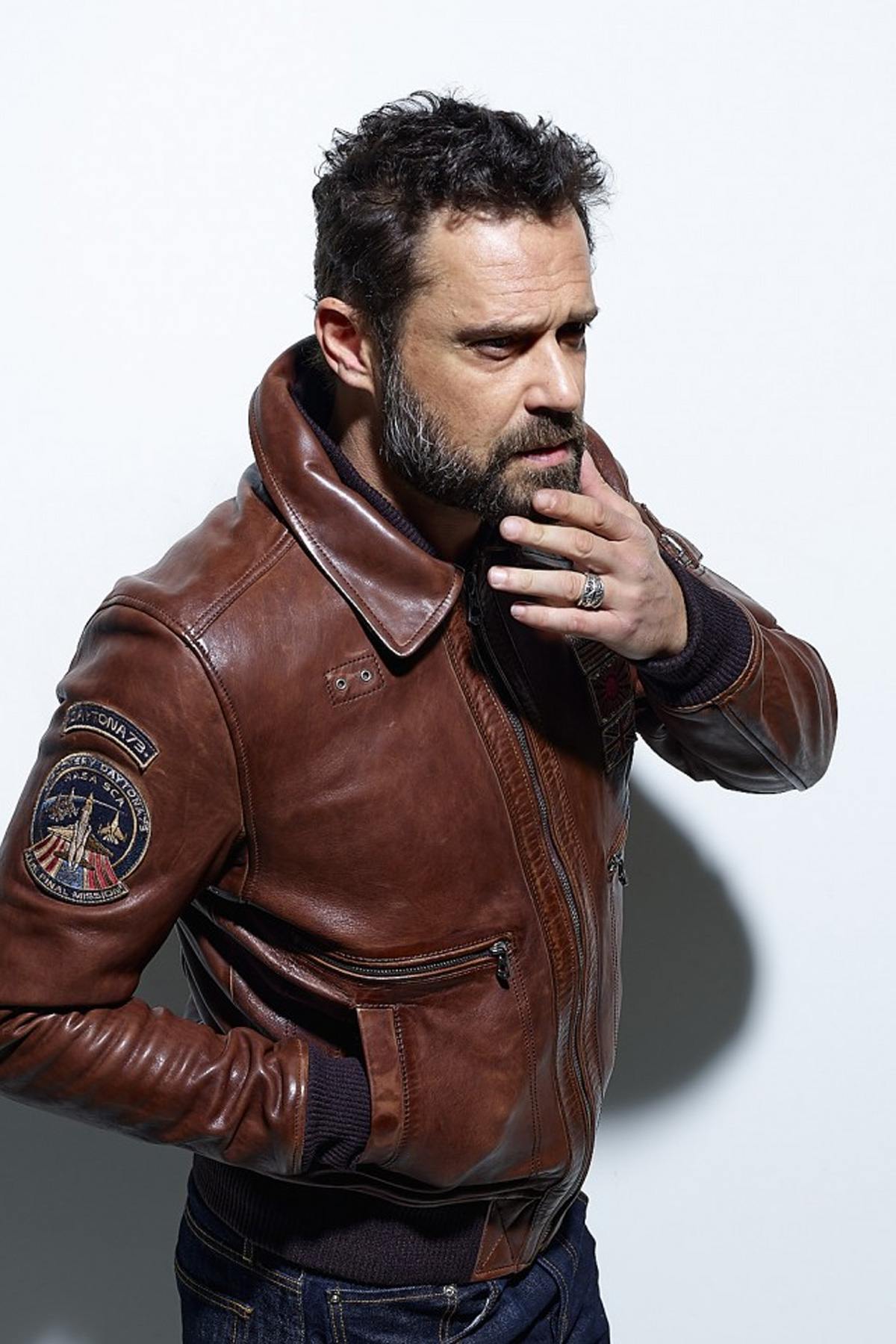 Petrol bison sheep leather A2 jacket with vintage aviation flags. - Image n°1