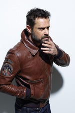 Petrol bison sheep leather A2 jacket with vintage aviation flags. - Image n°1