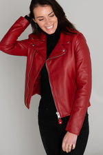 Vibrant red lambskin Perfecto by Schott, slim-fit for seasonal edge. - Image n°6