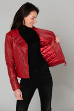 Vibrant red lambskin Perfecto by Schott, slim-fit for seasonal edge. - Image n°10