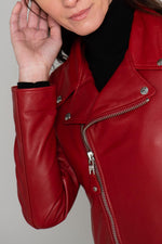 Vibrant red lambskin Perfecto by Schott, slim-fit for seasonal edge. - Image n°13