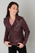 Violet sheep leather biker jacket. Slimfit, off-centre zip. - Image n°3