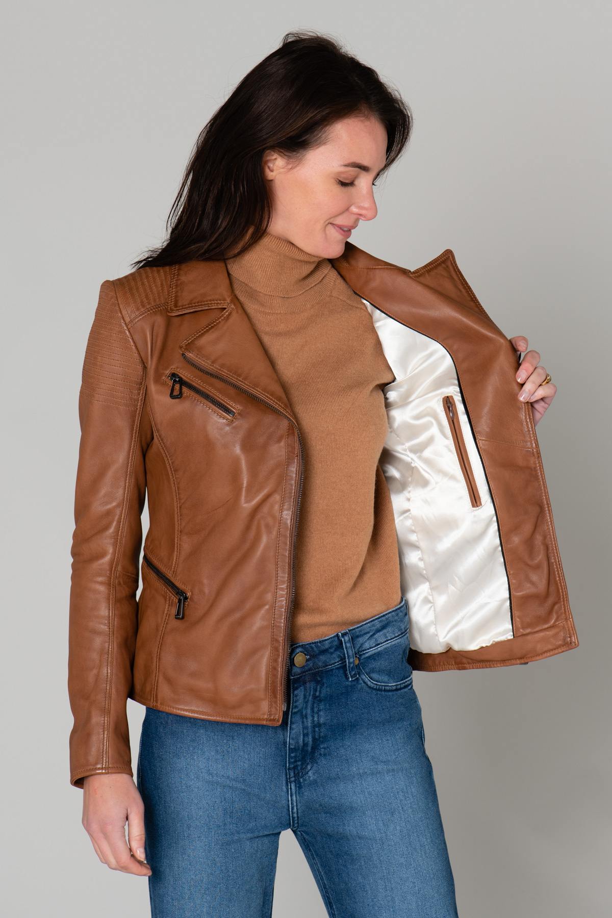 Long chic cognac Biker Jacket - Image n°6