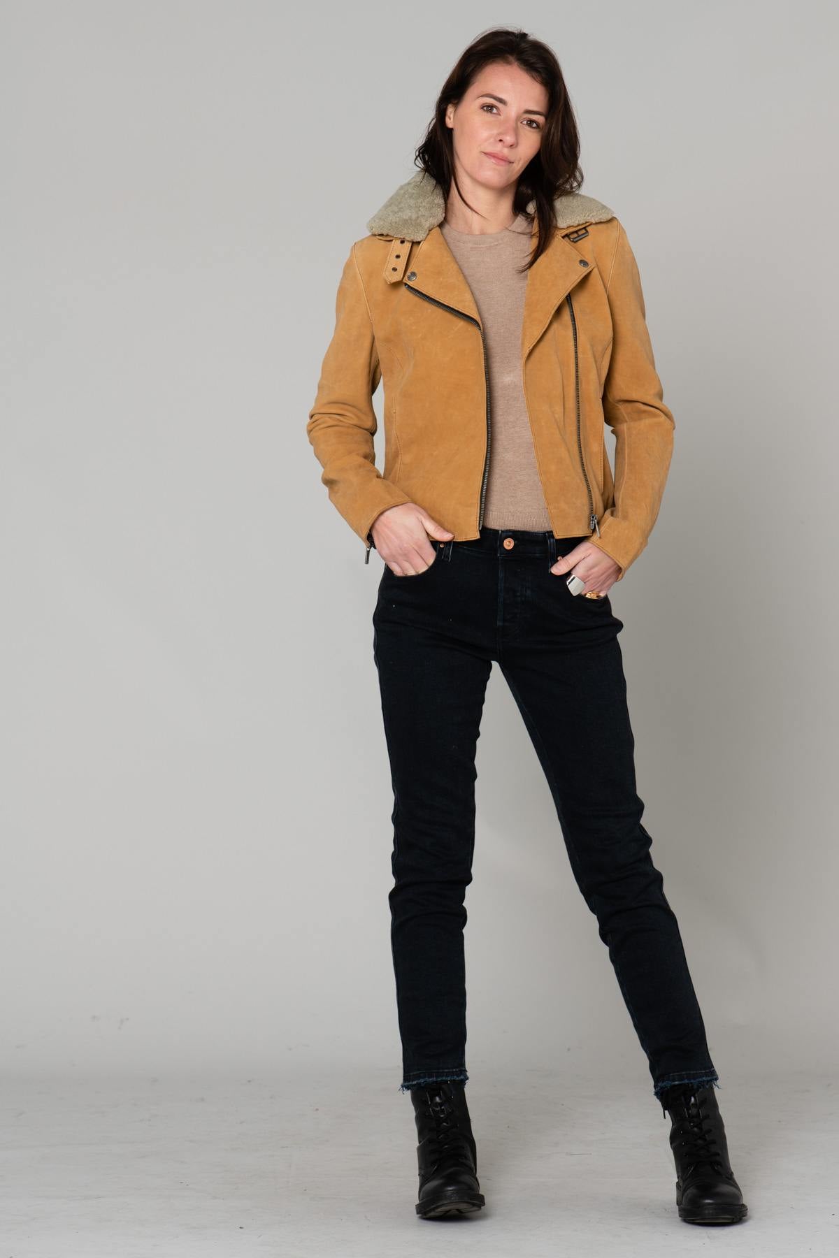 Washed nubuck cowhide biker jacket in warm Sandle Wood beige. - Image n°2