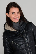 Long navy blue leather down jacket - Image n°7