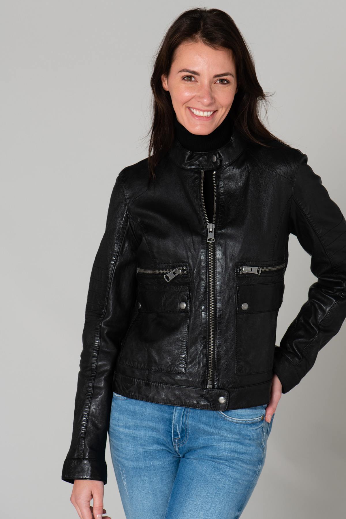 Slim lambskin biker jacket with Mao collar and metallic zip. - Image n°6