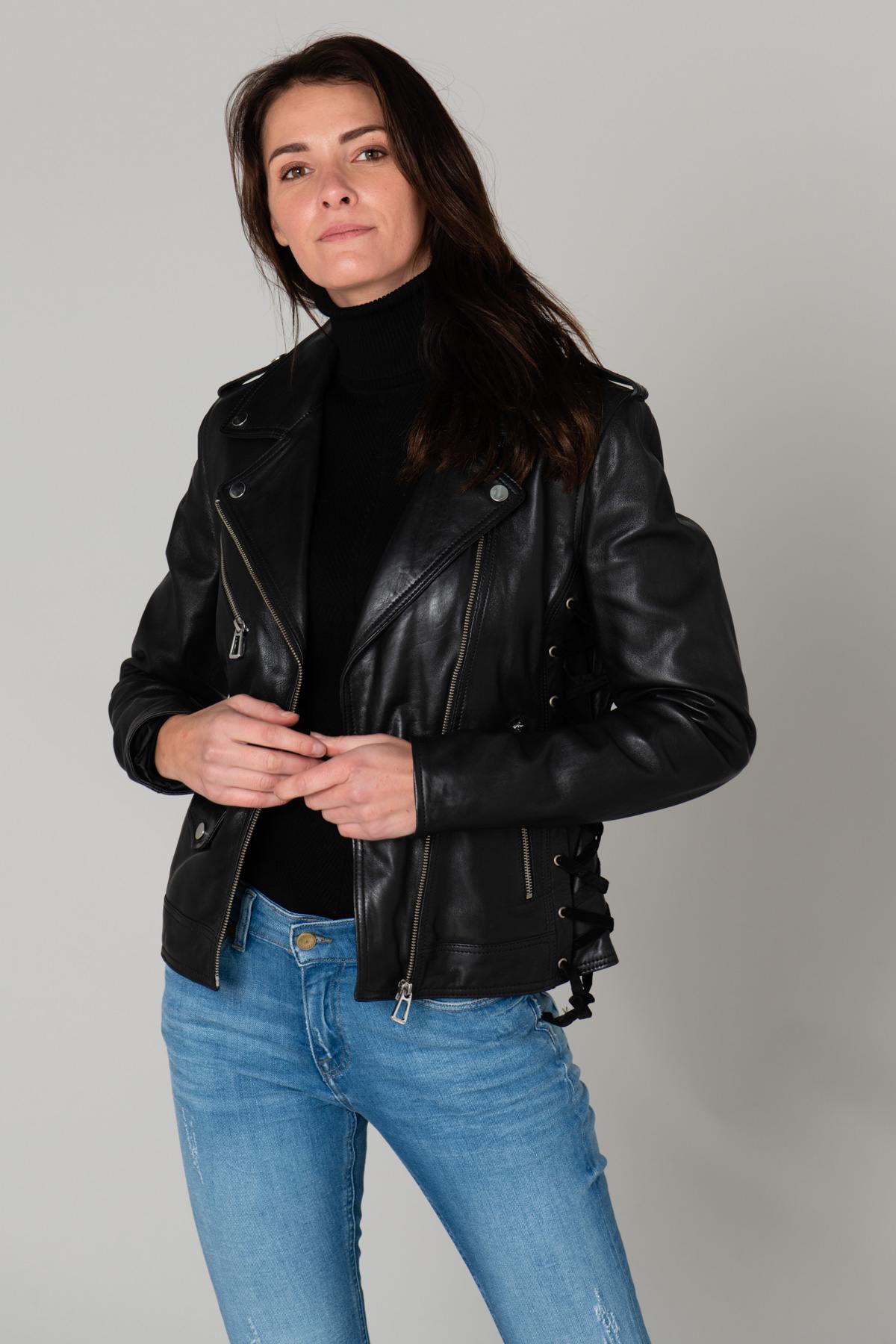 Leather Biker Jacket with lacing on the sides - Image n°5