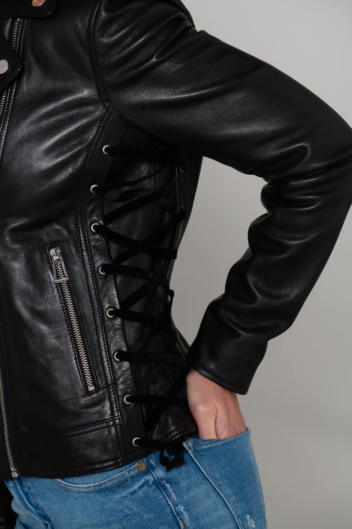 Leather Biker Jacket with lacing on the sides - Image n°8
