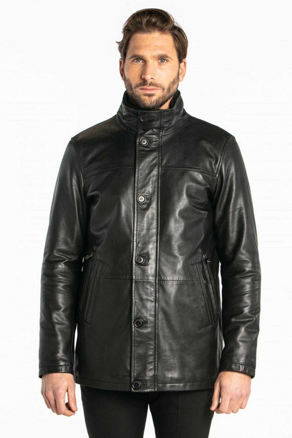 Sleek lambskin coat in glossy black, featuring a removable lining. - Image n°7