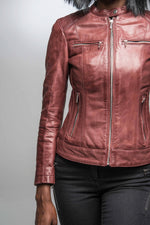 Burgundy lambskin jacket with a razor-slim fit and moto zips. - Image n°5