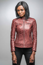 Burgundy lambskin jacket with a razor-slim fit and moto zips. - Image n°4