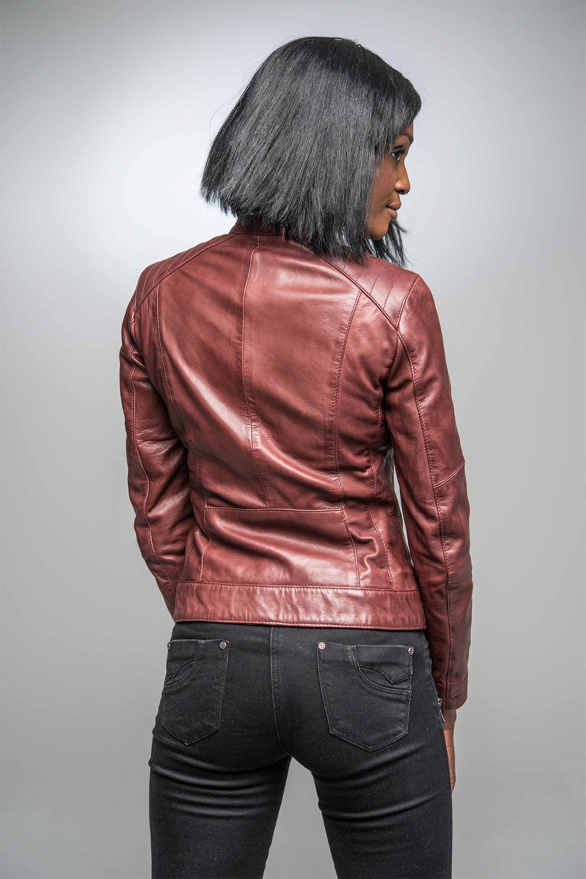 Burgundy lambskin jacket with a razor-slim fit and moto zips. - Image n°6