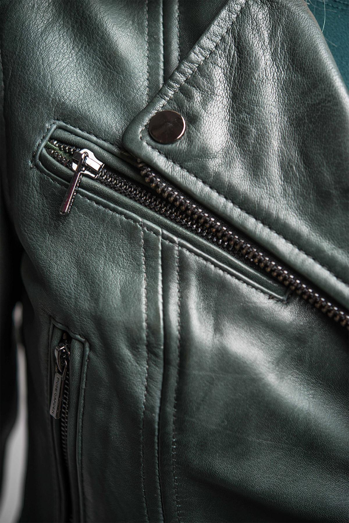 Biker Jacket in dark green lambskin - Image n°14