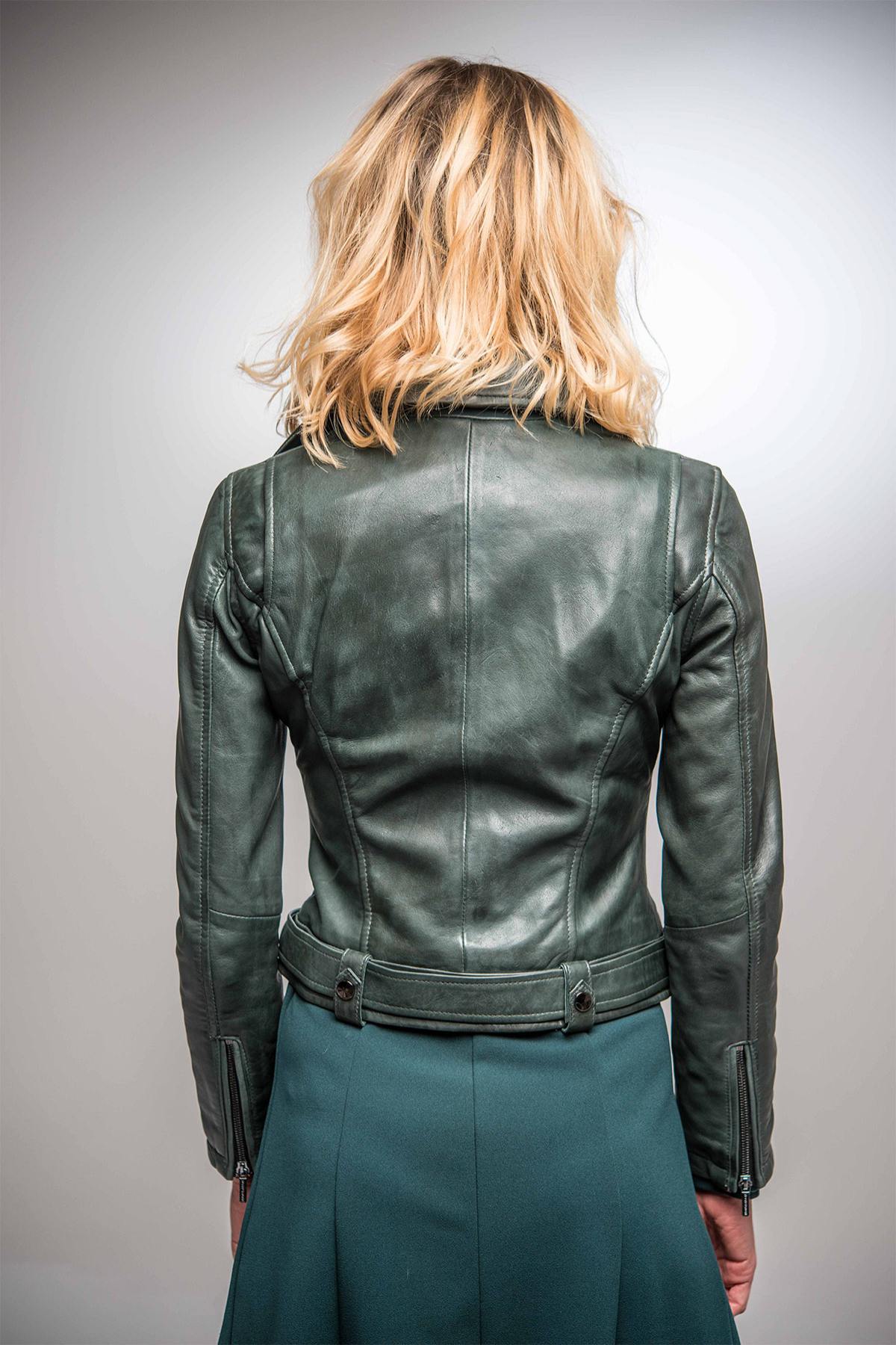 Biker Jacket in dark green lambskin - Image n°15