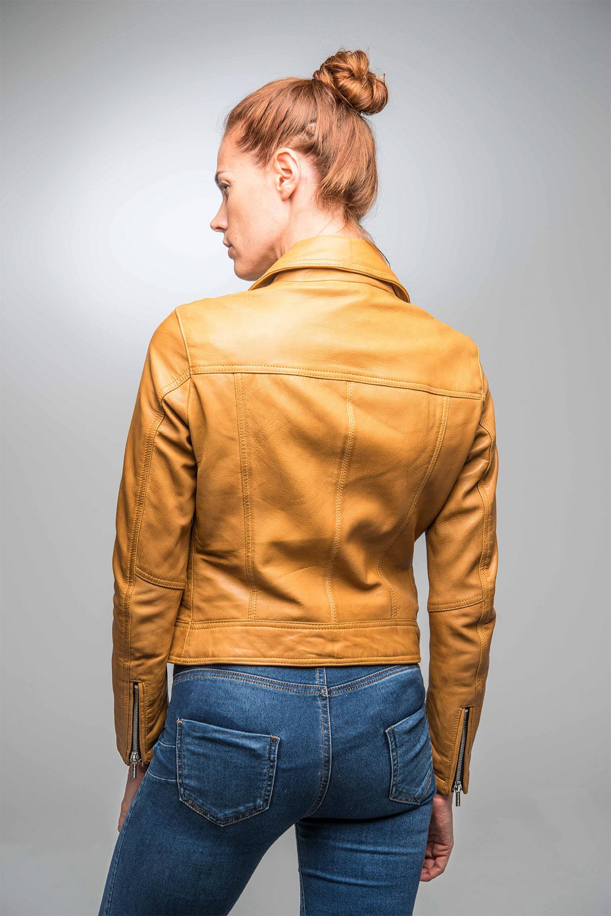 Lambskin biker jacket in spicy mustard. Cinched, zipped, silver accents. - Image n°7