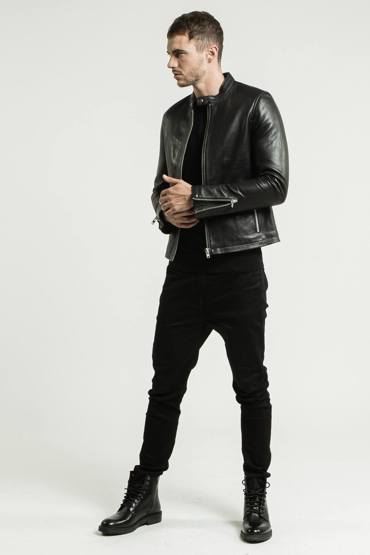 Black lambskin jacket with a semi-matte finish and silver zips. - Image n°14