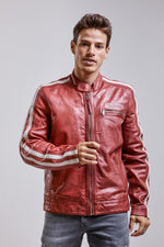 Redskins' worn-in red sheepskin jacket-racing stripes, biker style. - Image n°4