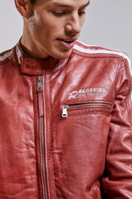 Redskins' worn-in red sheepskin jacket-racing stripes, biker style. - Image n°2