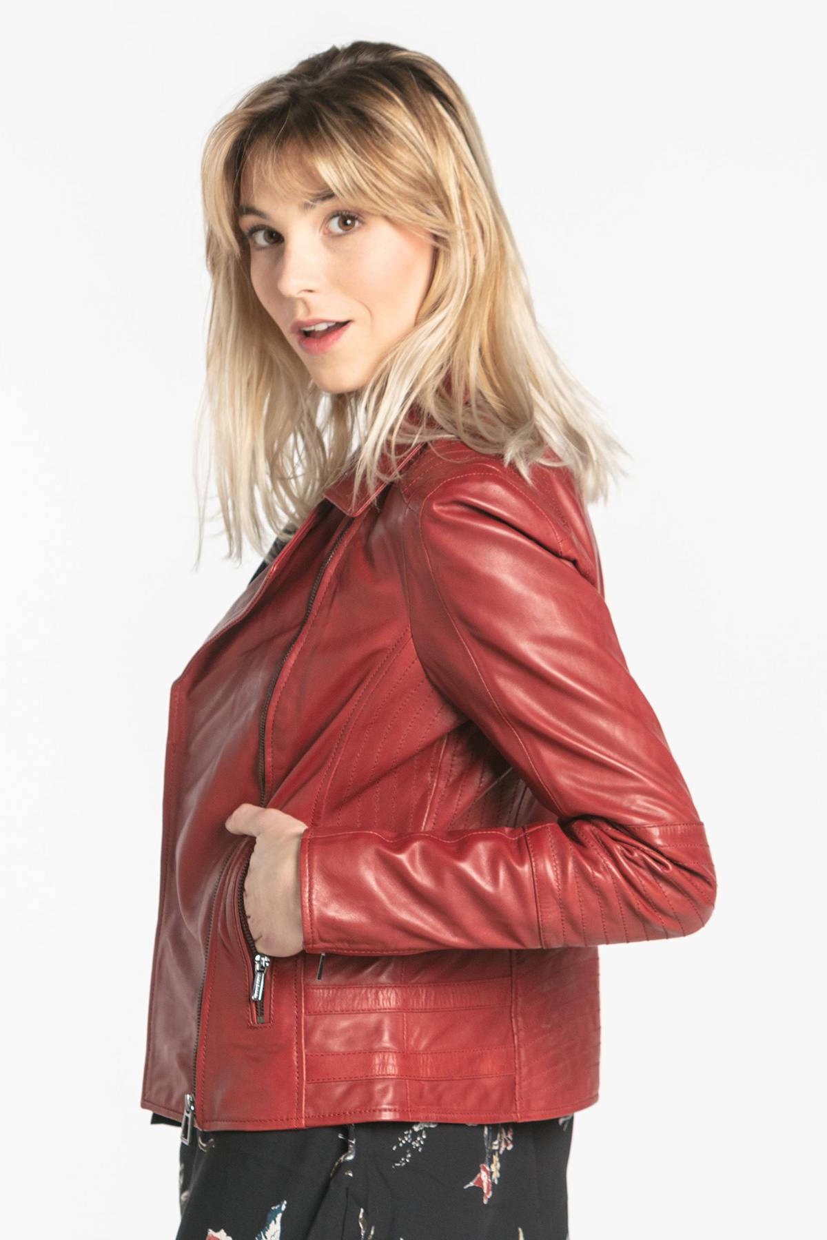 Women's red leather Biker Jacket - Image n°5