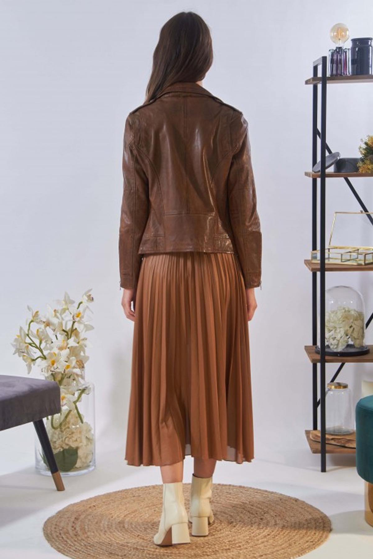 Fitted hazelnut-colored Biker Jacket - Image n°3