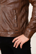 Moto-style sheep leather jacket with washed finish and removable hood. - Image n°12