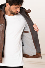 Moto-style sheep leather jacket with washed finish and removable hood. - Image n°9