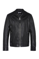 Rock-chic lambskin jacket by Schott: crinkled, matte, Mao collar. - Image n°8