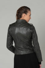 A dark khaki sheep leather biker jacket, slim and rock-chic in design. - Image n°5