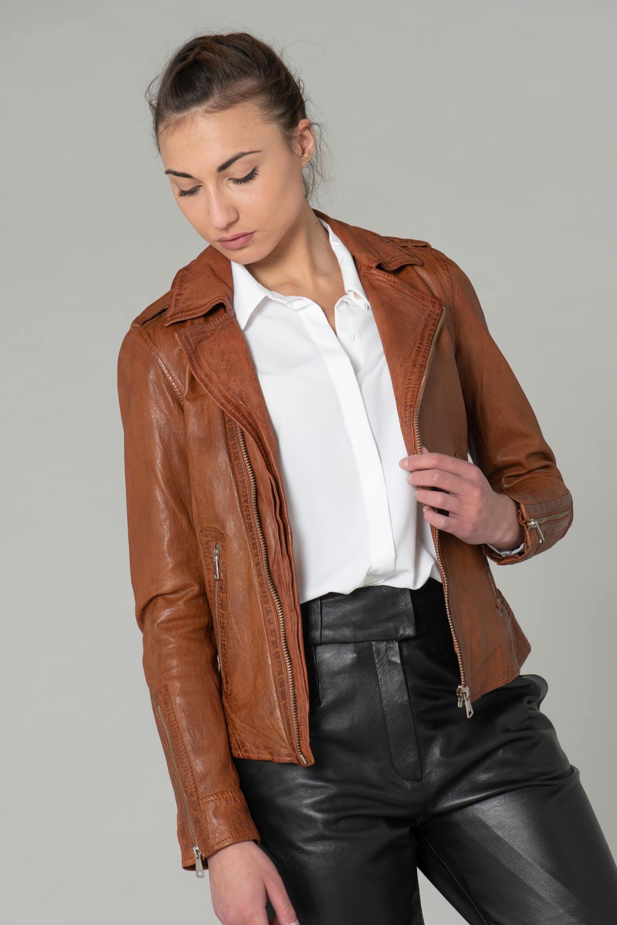 Washed effect whiskey color Biker Jacket - Image n°4