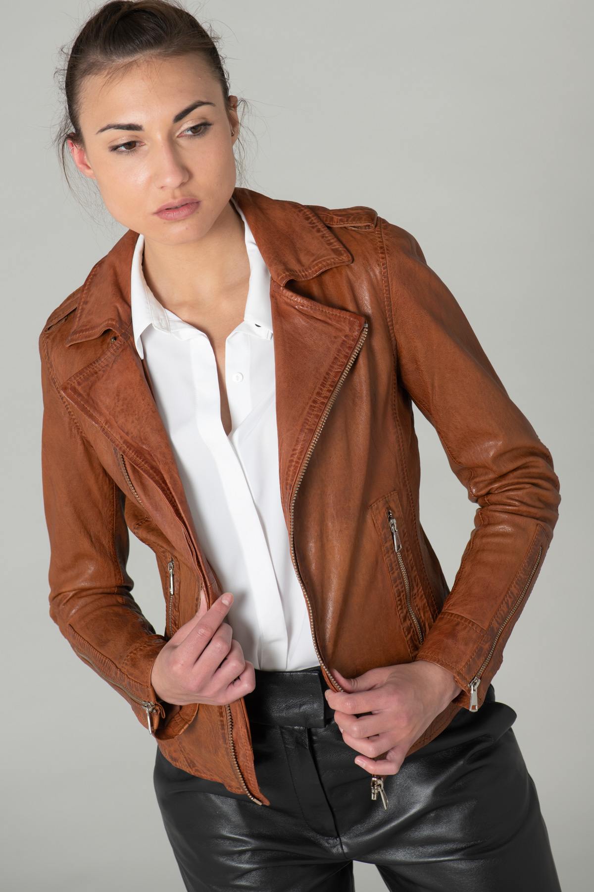 Washed effect whiskey color Biker Jacket - Image n°1