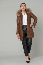 Long down jacket in cognac genuine leather - Image n°2