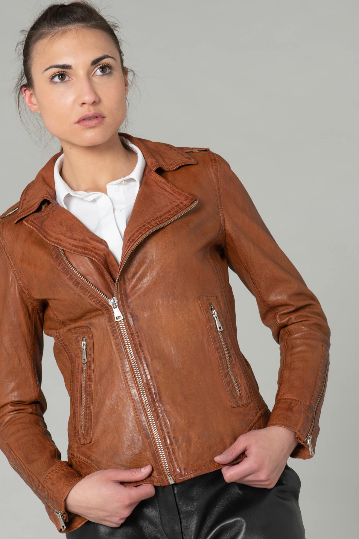 Washed effect whiskey color Biker Jacket - Image n°6