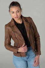 Rusty ruby lambskin biker jacket, slim and rock-chic for all seasons. - Image n°1